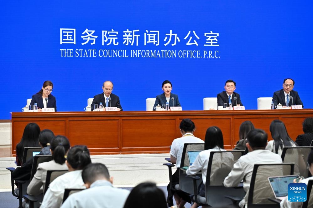 China's Minister of Justice He Rong, vice ministers of justice Hu Weilie, Li Mingzheng and Wu Yanjun, attend a press conference held by the State Council Information Office (SCIO) on promoting socialist rule of law and judicial administration and serving high-quality development during the 14th Five-Year Plan period (2021-2025) in Beijing, capital of China, Sept. 8, 2025. (Photo: Xinhua)