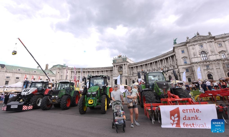 This photo taken on Sept. 6, 2025 shows agricultural machinery during a harvest festival (the Erntedankfest) in Vienna, Austria. The festival was held in Vienna on Sept. 6 to 7. (Photo: Xinhua)