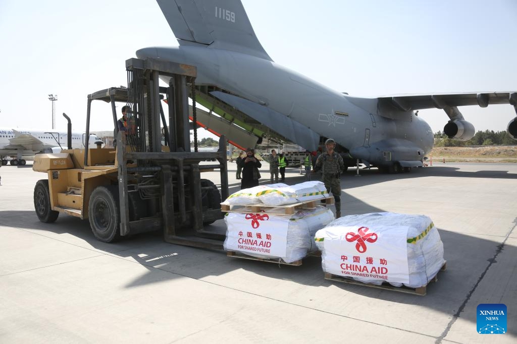 Emergency earthquake relief supplies provided by the Chinese government to Afghanistan are unloaded from a Y-20 aircraft of the Chinese People's Liberation Army Air Force at the Kabul airport in Kabul, Afghanistan, Sept. 7, 2025. (Photo: Xinhua)