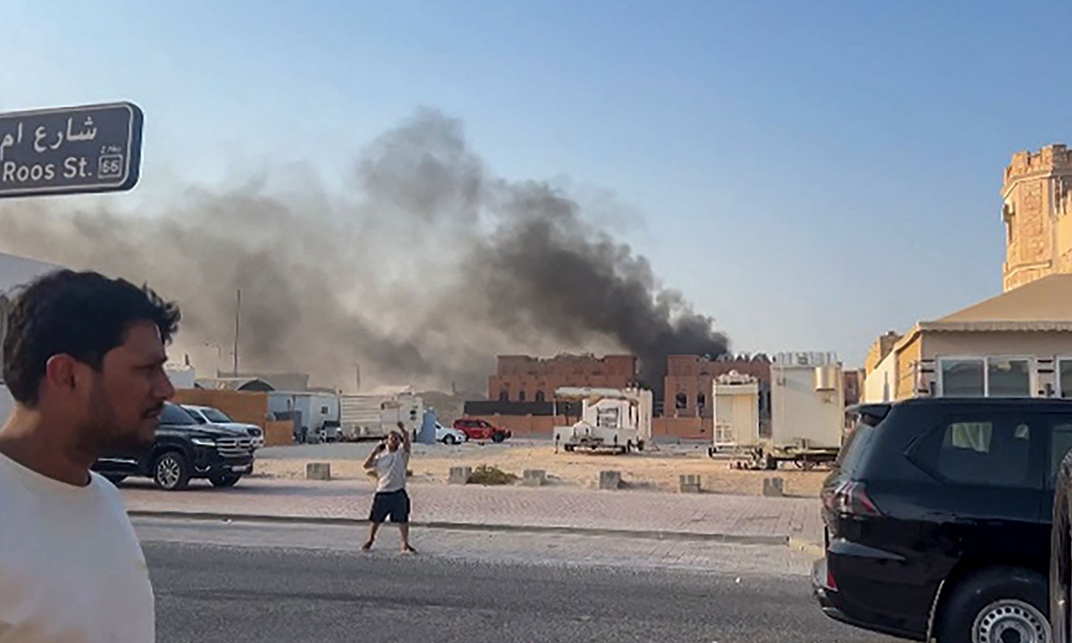 This frame grab taken from an AFPTV footage shows smoke billowing after explosions in the Qatari capital of Doha on September 9, 2025. Photo: VCG