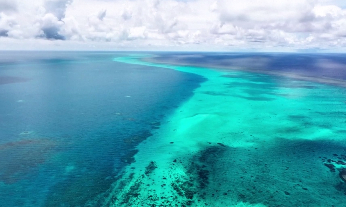 An aerial drone photo shows the scenery of China's Huangyan Dao in the South China Sea. Photo: VCG