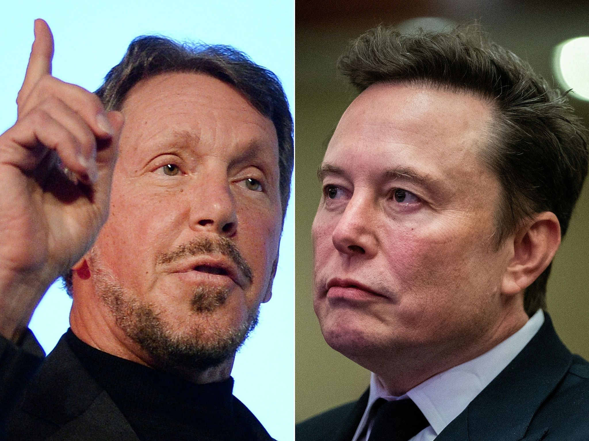 This combination of pictures created on September 10,2025 shows, Larry Ellison, CEO of Oracle Corporation, in Tokyo on April 9, 2014 and Elon Musk in Washington,DC on November 13,2024. Photo: VCG