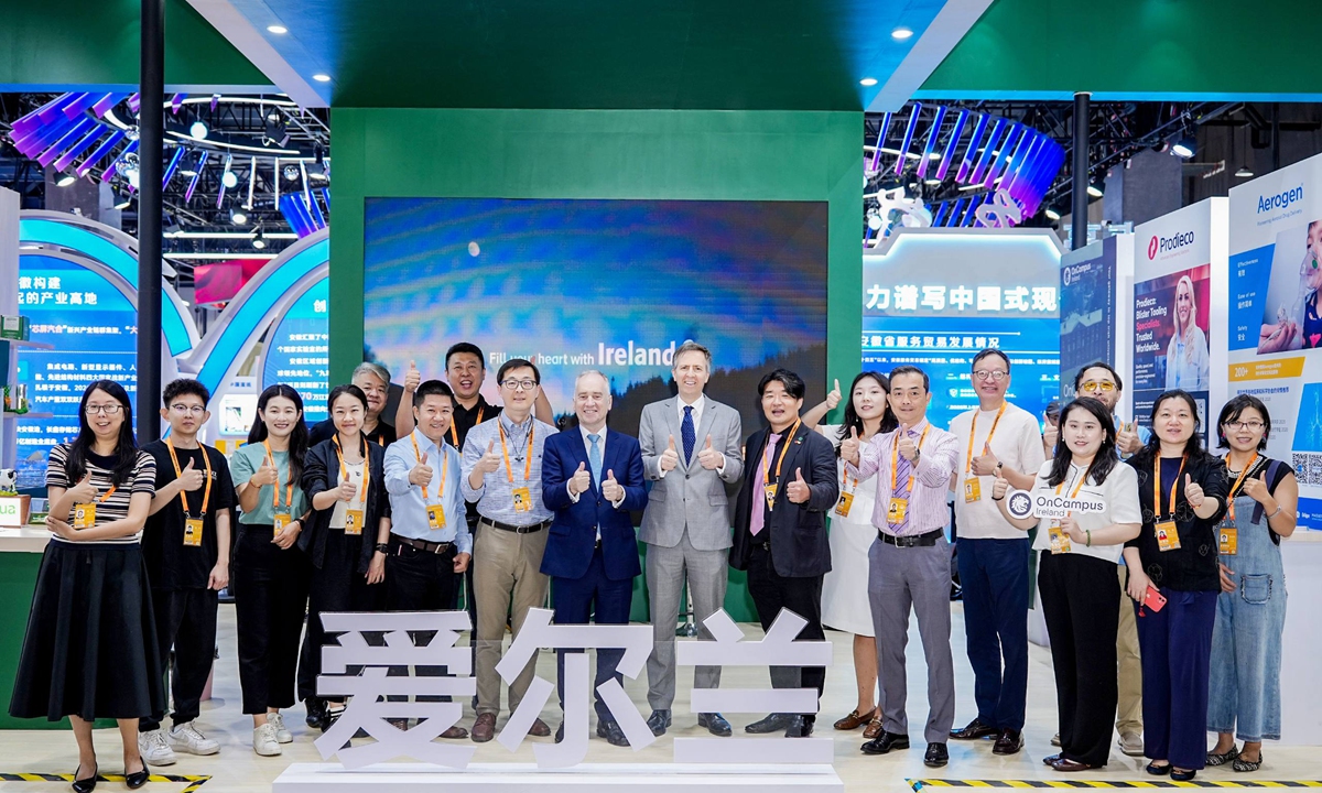 Nicholas O'Brien, ambassador of Ireland to China (center) and delegates pose for a picture at the Ireland National Pavilion at the CIFTIS 2025 in Beijing, on September 10, 2025. Photo: Courtesy of the Embassy of Ireland in China