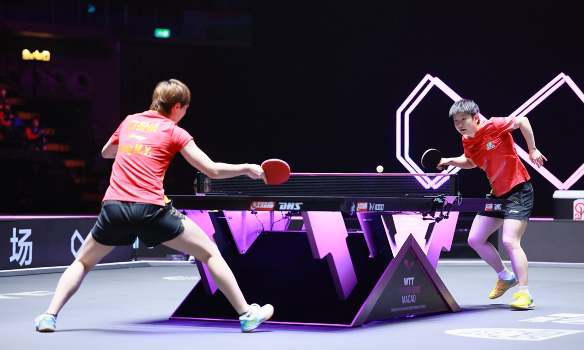 Sun Yingsha (right) of China competes during the women's singles final match against compatriot Wang Manyu at the 2025 World Table Tennis (WTT) Champions Macao in the Macao Special Administrative Region on September 14, 2025. Sun was crowned after winning 11-8, 13-15, 11-9, 9-11, 5-11, 11-9, 11-6. China's Wang Chuqin won the men's singles title after beating Brazil's Hugo Calderano 11-9, 11-7, 11-9, 11-4. Photo: VCG
