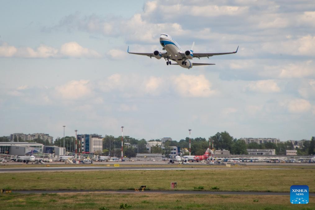 A passenger jet takes off at Warsaw Chopin Airport in Warsaw, Poland on Sept. 12, 2025. The airport authorities announced Friday that the airport handled 2.5 million passengers in August. (Photo: Xinhua)