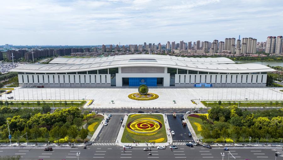 An aerial drone photo taken on Aug. 28, 2025 shows an exterior view of the main venue of the Shanghai Cooperation Organization (SCO) Summit 2025 in north China's Tianjin. (Photo: Xinhua)