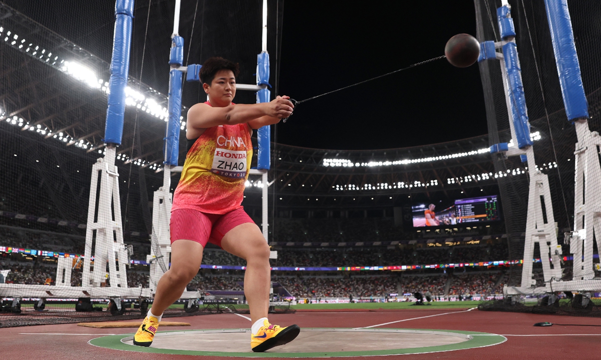 Chinese athlete Zhao Jie competes during the women's hammer throw final of the World Athletics Championships on September 15, 2025 in Tokyo, Japan. Zhao won silver with a personal best throw of 77.60 meters, while her compatriot Zhang Jiale took bronze with 77.10 meters. Photo: VCG