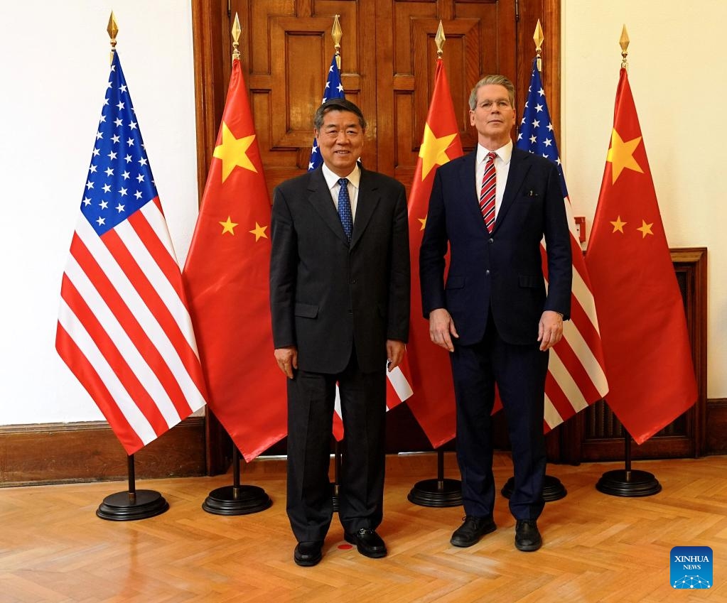 Chinese Vice Premier He Lifeng, also a member of the Political Bureau of the Communist Party of China Central Committee, poses for a photo with U.S. Treasury Secretary Scott Bessent prior to their talks in Madrid, Spain, Sept. 14, 2025. The Chinese and U.S. delegations convened here on Sunday for talks on economic and trade issues. (Photo: Xinhua)