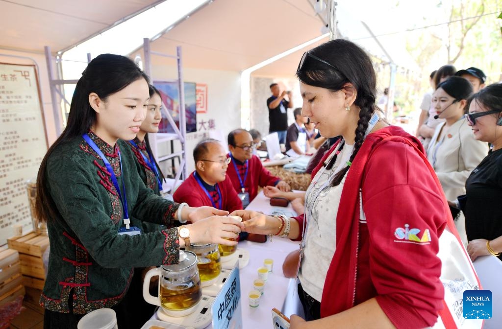 A foreign tourist learns culture about Traditional Chinese Medicine in Yuanshi County of Shijiazhuang, north China's Hebei Province, Sept. 14, 2025. The 2025 Shijiazhuang International Traveler Joy Season kicked off here on Saturday. The event invited guests from over 30 countries and regions, including Russia, the United States, and South Korea to explore Shijiazhuang. (Photo: Xinhua)