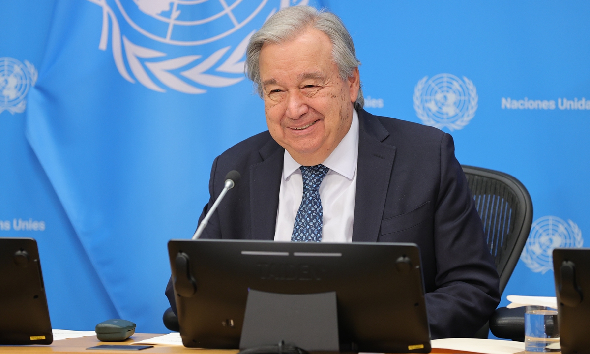UN Secretary-General Antonio Guterres speaks to the press at the UN headquarters in New York on September 16, 2025. Guterres said that the global initiatives proposed by China are totally compatible with the UN Charter. Photo: VCG