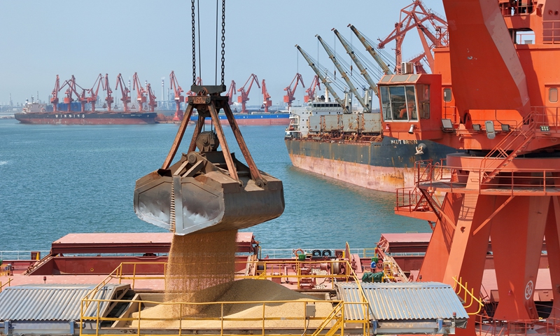 Imported soybeans from Brazil are being unloaded from the ship at the Longkou Port in Yantai, East China’s Shandong Province, on June 17, 2025. Photo: CFP