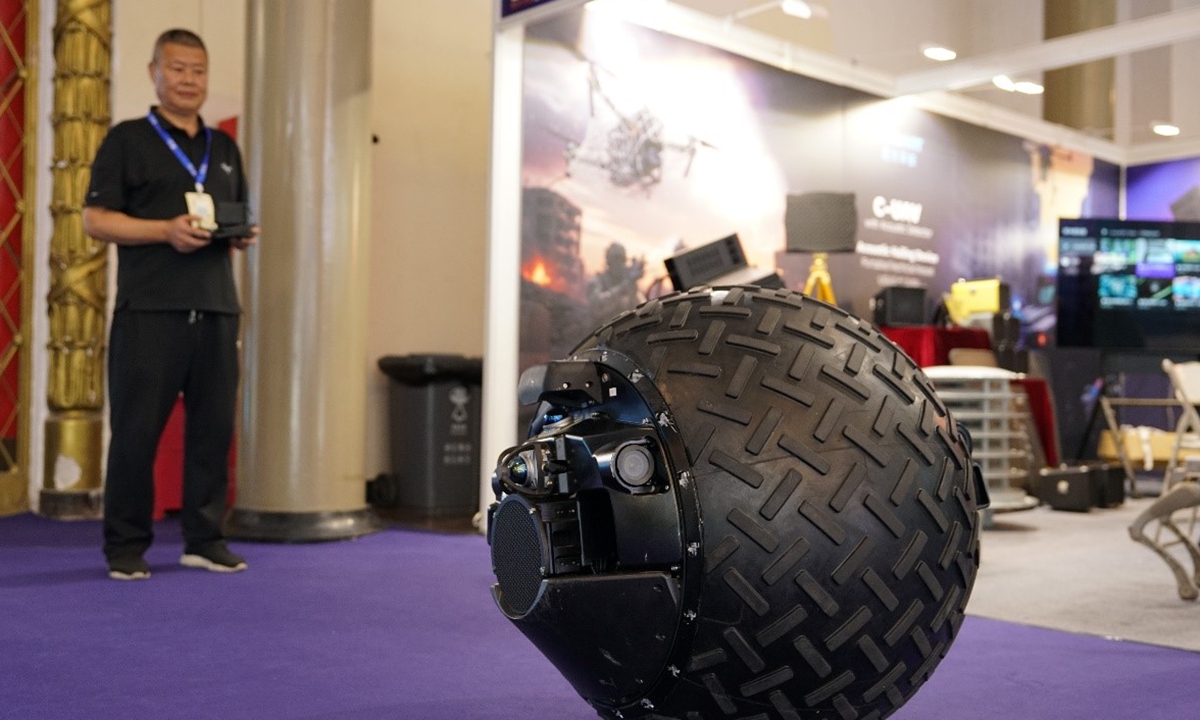A spherical remote-controlled security device designed to disperse crowds showcased at the 2025 International Dual-Use Advanced Technology & Equipment Expo held in Beijing, on September 18, 2025. Photo: Feng Fan/ GT