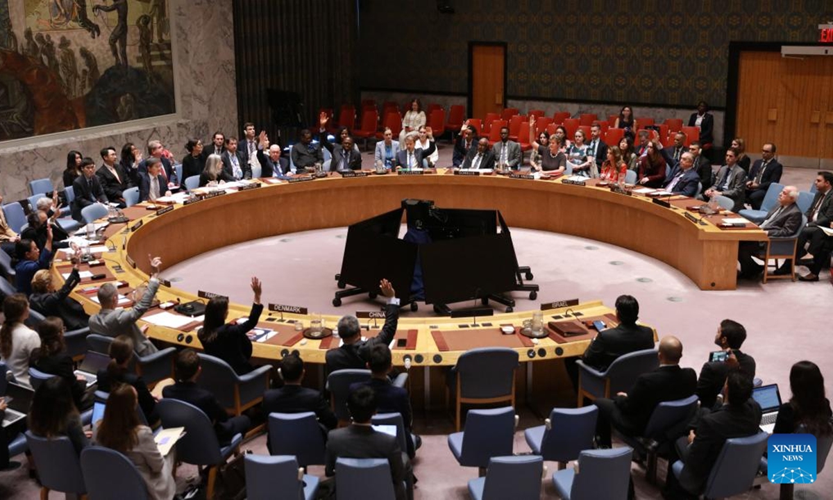 Representatives vote on a draft resolution during a UN Security Council meeting at the UN headquarters in New York, Sept. 18, 2025. The United States on Thursday vetoed a UN Security Council draft resolution that would have demanded Israel immediately lift all restrictions on humanitarian access and delivery in Gaza. (Xinhua/Xie E)