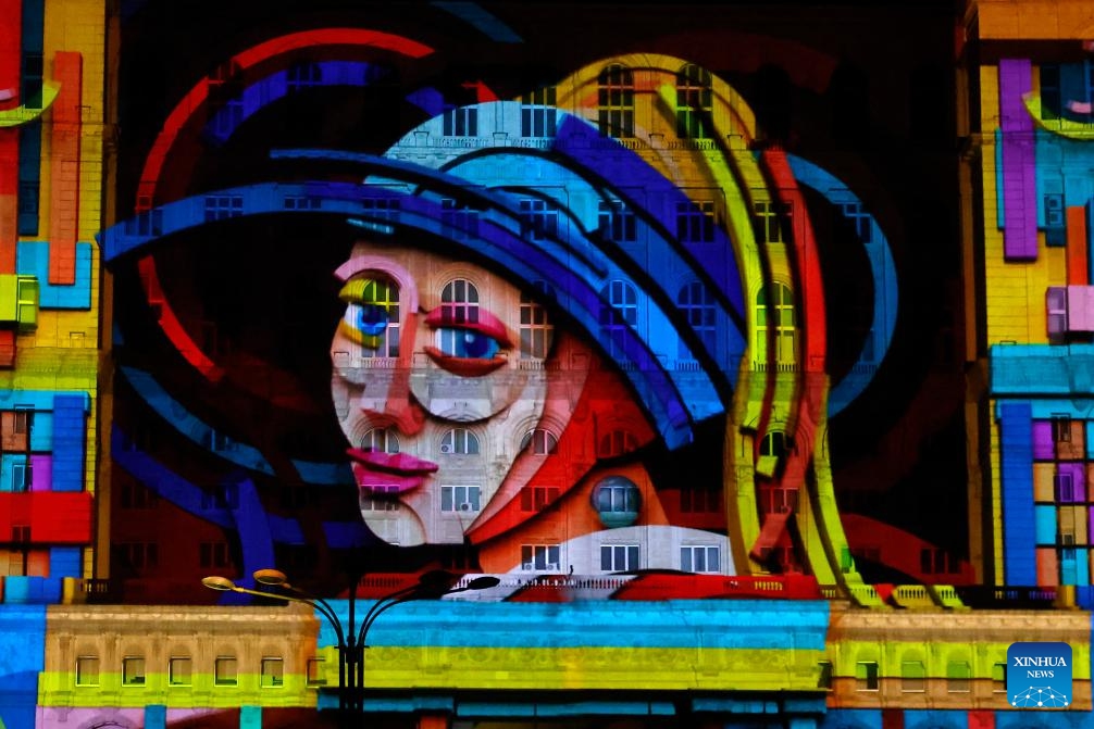 A 3D projection is seen during the iMapp Bucharest 2025, on the facade of the Parliament Palace, in Bucharest, Romania, Sept. 20, 2025. (Photo: Xinhua)