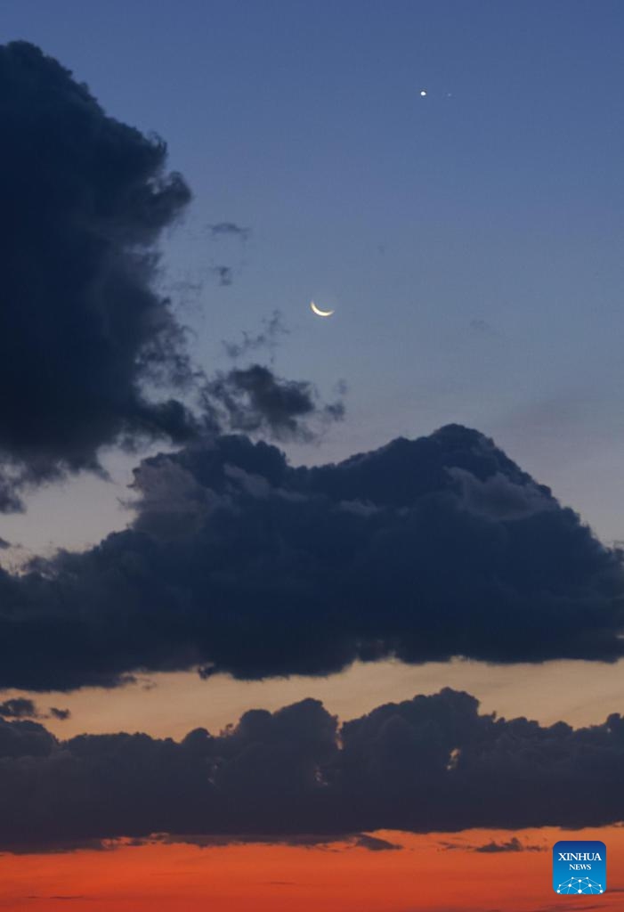 This aerial drone photo taken on Sept. 20, 2025 shows the planet of Venus, the star of Regulus in the constellation Leo and a crescent moon in the sky over Fujin City of Jiamusi, northeast China's Heilongjiang Province. (Photo: Xinhua)