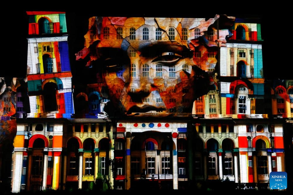 A 3D projection is seen during the iMapp Bucharest 2025, on the facade of the Parliament Palace, in Bucharest, Romania, Sept. 20, 2025. (Photo: Xinhua)