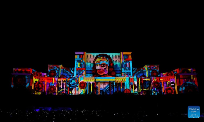 A 3D projection is seen during the iMapp Bucharest 2025, on the facade of the Parliament Palace, in Bucharest, Romania, Sept. 20, 2025. (Photo: Xinhua)