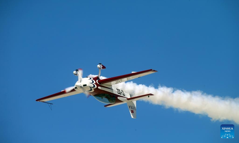 An aircraft performs during the Sivrihisar Airshow 2025 in Sivrihisar district of Eskisehir in Türkiye, Sept. 20, 2025. The annual airshow kicked off here on Saturday. (Photo: Xinhua)