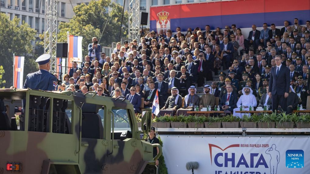 Serbian President Aleksandar Vucic attends a military parade marking the Day of Serbian Unity, Freedom and the National Flag in Belgrade, Serbia, Sept. 20, 2025. Serbia showcased its military strength on Saturday with the Power of Unity parade held in front of the Palace of Serbia, marking the Day of Serbian Unity, Freedom and the National Flag. According to the Ministry of Defence, the parade brought together about 10,000 personnel and featured some 2,500 pieces of weaponry and equipment, including more than 600 vehicles, 70 aircraft and 20 vessels. (Photo: Xinhua)