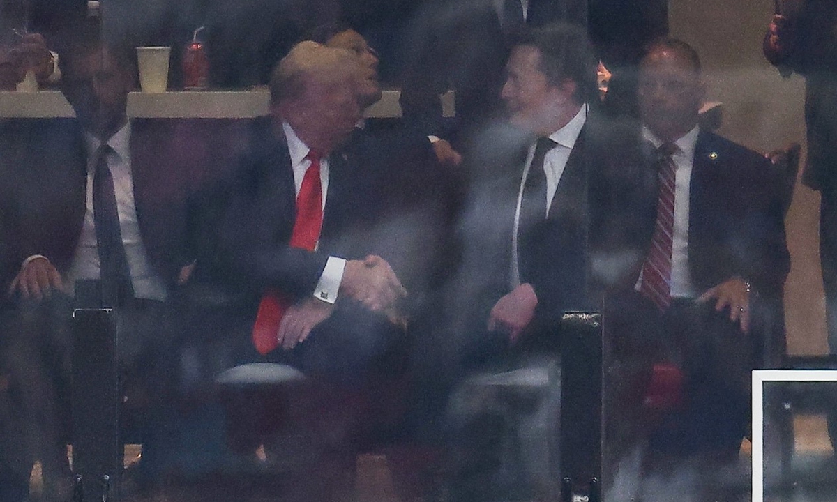 US President Donald Trump and Tesla CEO Elon Musk shake hands during the public memorial service for right-wing activist Charlie Kirk at State Farm Stadium in Glendale, Arizona, on September 21, 2025. Photo: CFP