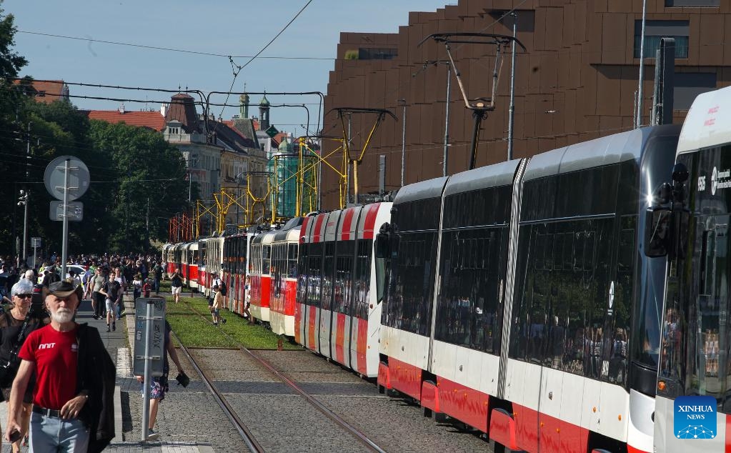 Historical and contemporary trams are seen during a tram parade in Prague, the Czech Republic, on Sept. 21, 2025. A tram parade was held here on Sunday as part of the celebrations to mark 150 years of urban public transport in the Czech capital. (Photo: Xinhua)