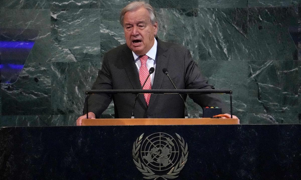 UN Secretary-General Antonio Guterres speak during a high-level United Nations General Assembly meeting to mark the United Nations' 80th anniversary at the UN headquarters in New York City on September 22, 2025. Photo: VCG