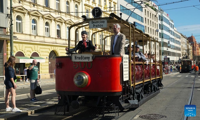 A historical tram is pictured during a tram parade in Prague, the Czech Republic, on Sept. 21, 2025. A tram parade was held here on Sunday as part of the celebrations to mark 150 years of urban public transport in the Czech capital. (Photo: Xinhua)