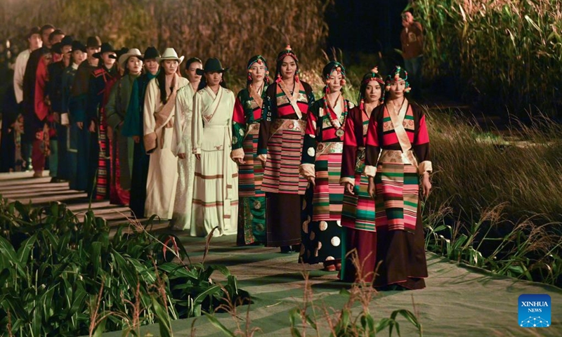 A Tibetan costume show is staged in Zhongde Village of Xiangcheng County, Ganzi Tibetan Autonomous Prefecture, southwest China's Sichuan Province, Sept. 20, 2025. A Tibetan costume show combining tradition and modernity was staged in the cornfield here on Saturday. (Photo: Xinhua)