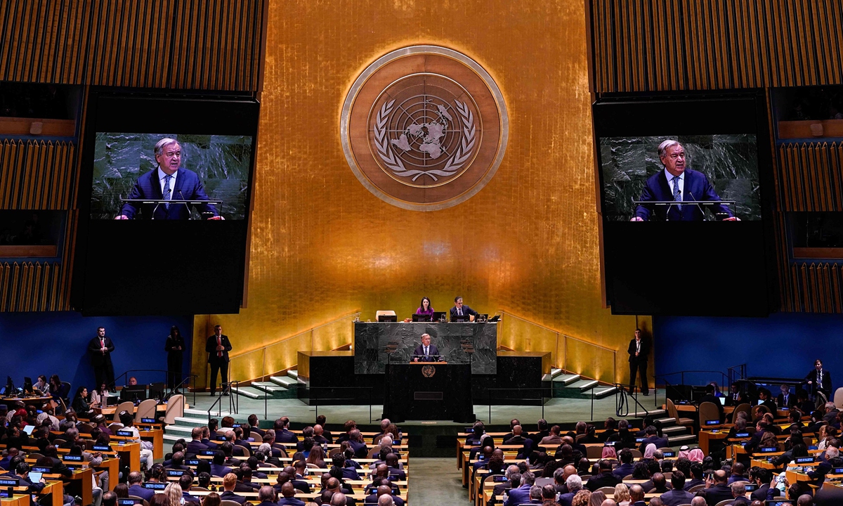 UN Secretary General Antonio Guterres speaks during the General Debate of the United Nations General Assembly at the UN headquarters in New York City on September 23, 2025. Photo: VCG