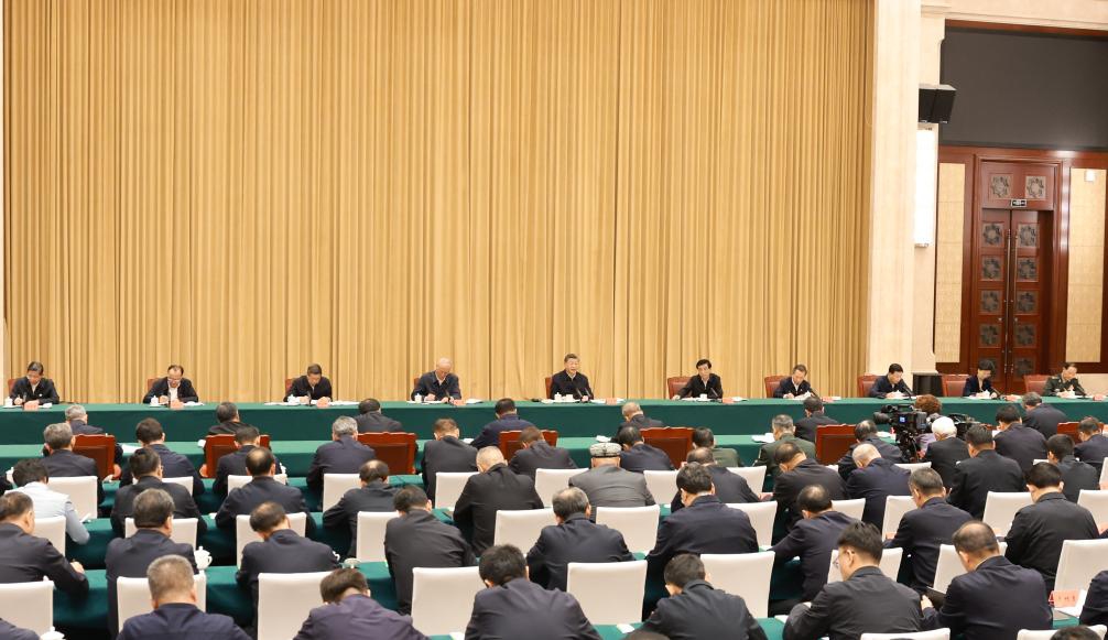 Chinese President Xi Jinping, also general secretary of the Communist Party of China (CPC) Central Committee and chairman of the Central Military Commission, delivers an important speech after listening to work reports from the CPC Xinjiang regional committee and the regional government in Urumqi, northwest China's Xinjiang Uygur Autonomous Region, Sept. 24, 2025. Xi, leading a central delegation, arrived in Urumqi, capital of Xinjiang, on Tuesday to attend activities marking the autonomous region's 70th founding anniversary. (Xinhua/Ding Lin)