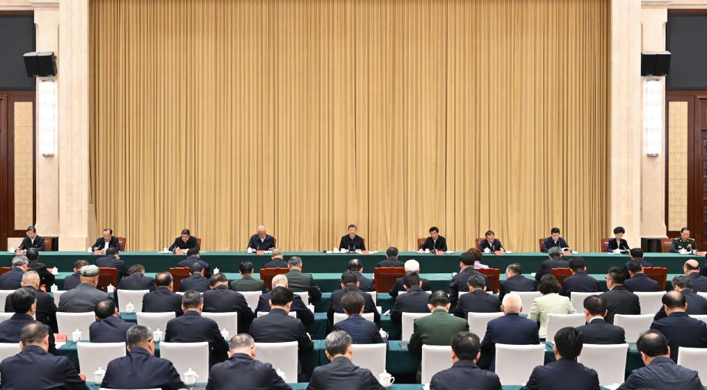 Chinese President Xi Jinping, also general secretary of the Communist Party of China (CPC) Central Committee and chairman of the Central Military Commission, delivers an important speech after listening to work reports from the CPC Xinjiang regional committee and the regional government in Urumqi, northwest China's Xinjiang Uygur Autonomous Region, Sept. 24, 2025. Xi, leading a central delegation, arrived in Urumqi, capital of Xinjiang, on Tuesday to attend activities marking the autonomous region's 70th founding anniversary. (Xinhua/Xie Huanchi)