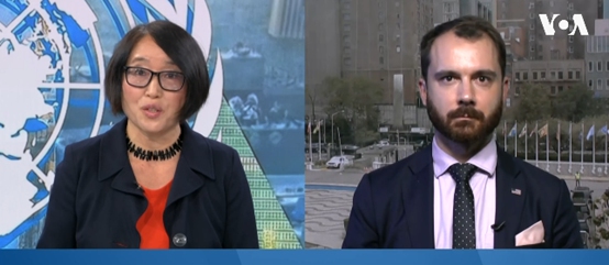 US State Department's first-ever Chinese-language spokesperson Jakob Lengacher(right) talks with a reporter of US official media VOA on September 24, 2025. Photo: screen shot of VOA Chinese