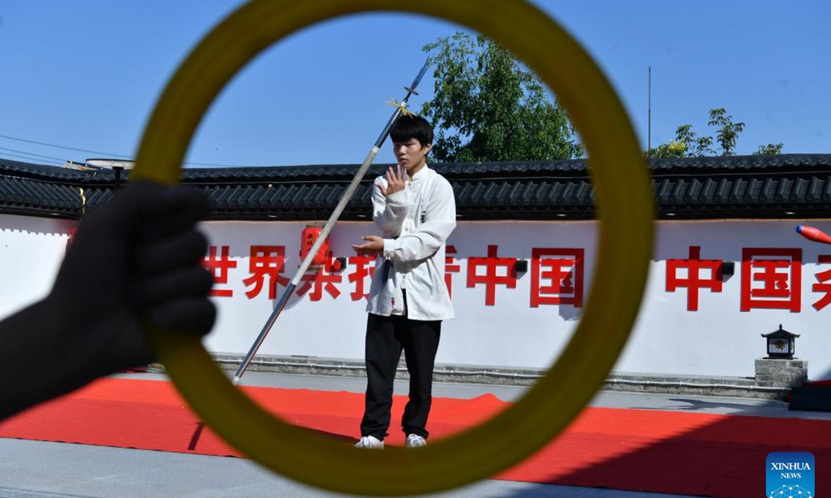 Students practice acrobatic skills at Zhang Shuo's acrobatic courtyard in Sangyuan Town, Wuqiao County, north China's Hebei Province, on Sept. 25, 2025. Wuqiao, dubbed the cradle of Chinese acrobatic art, boasts 14 diverse acrobatic courtyards that serve as a cluster of bases for artist training, new play designing, and folk art research. (Xinhua/Mu Yu)