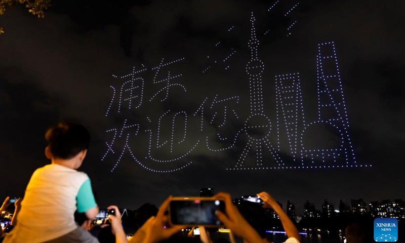 A drone light show is staged in celebration of the upcoming National Day in east China's Shanghai, Sept. 27, 2025. (Photo: Xinhua)