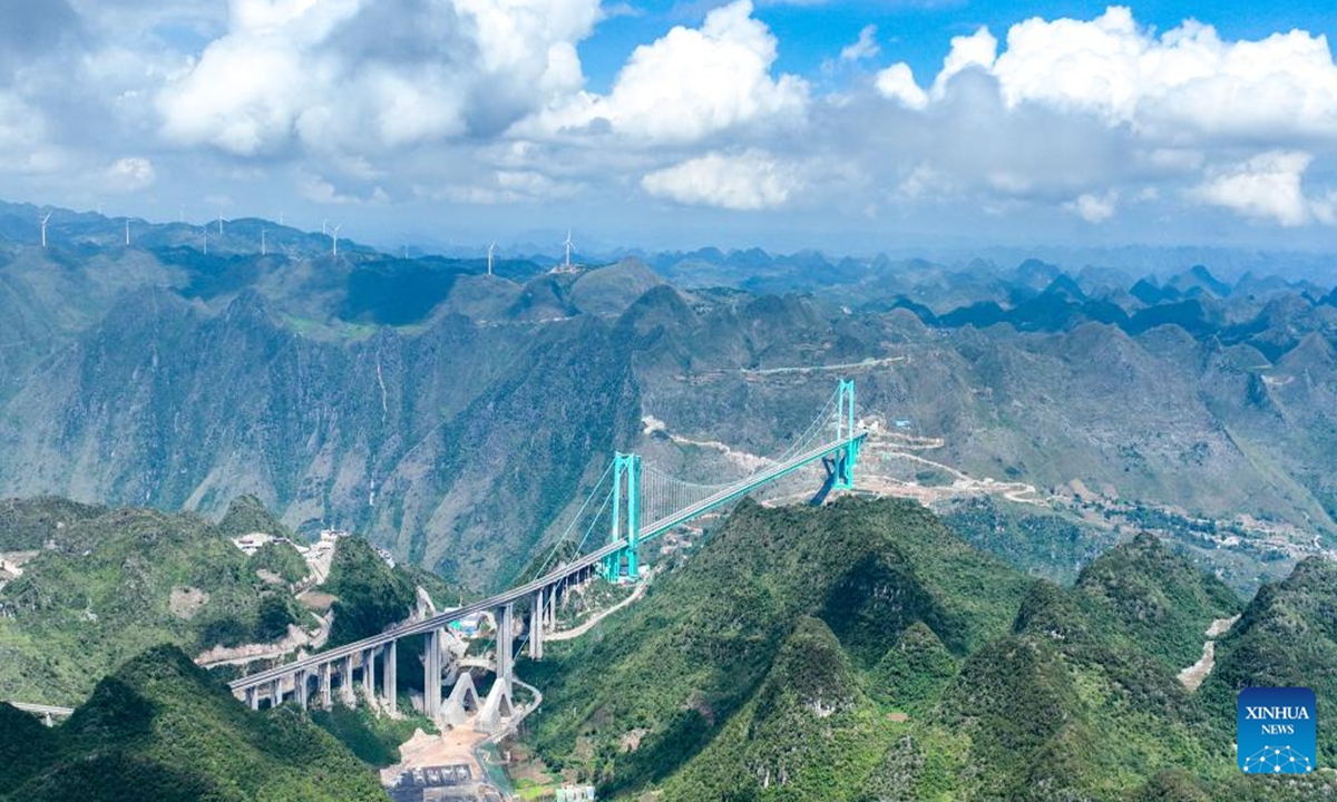 An aerial drone photo taken on Sept. 28, 2025 shows the Huajiang Grand Canyon Bridge in southwest China's Guizhou Province. Photo: Xinhua