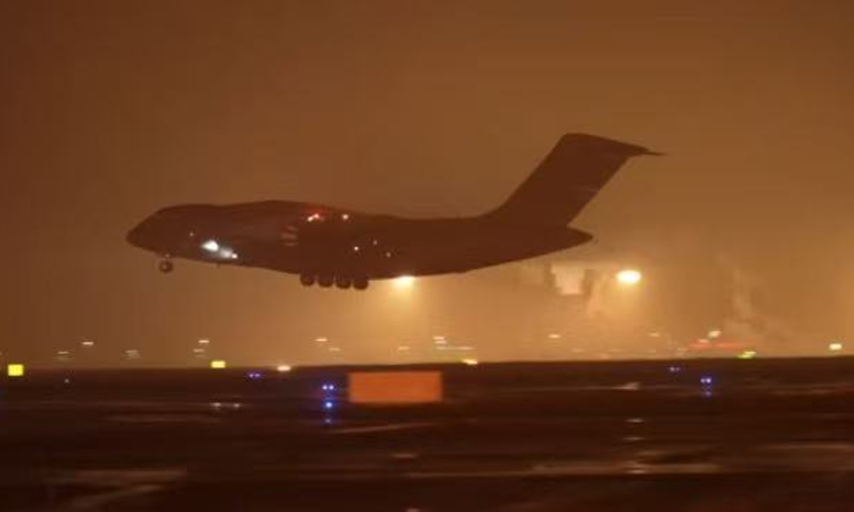 Chinese Air Force Y-20 aircraft arrives in Pakistan on September 28, 2025 to deliver flood relief supplies. Photo: Screenshot from media reports