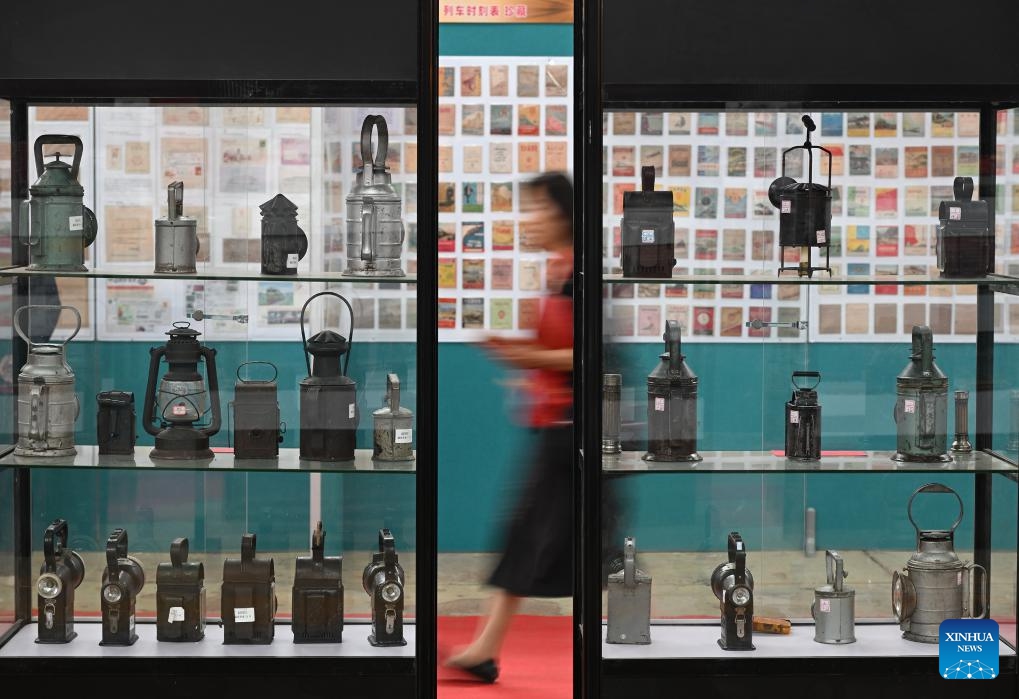 People visit a railway old objects exhibition during an expo themed on Chinese railway culture in Beijing, capital of China, Sept. 27, 2025. An expo displaying collections of items on Chinese railway culture kicked off here on Saturday, showcasing the development and achievement of Chinese railway. (Photo: Xinhua)