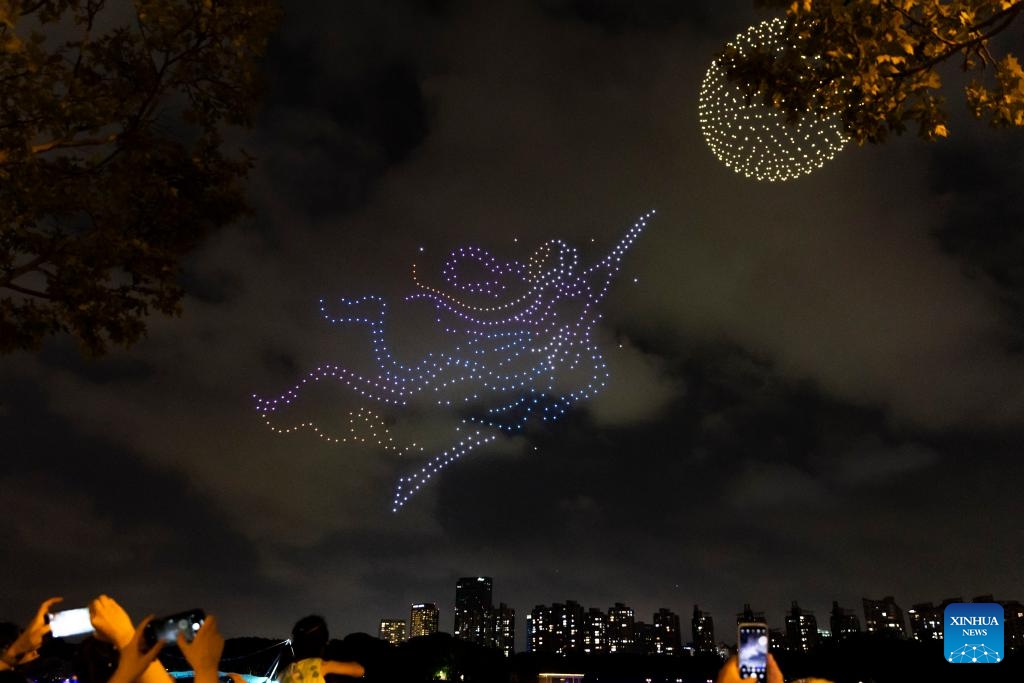 A drone light show is staged in celebration of the upcoming National Day in east China's Shanghai, Sept. 27, 2025. (Photo: Xinhua)