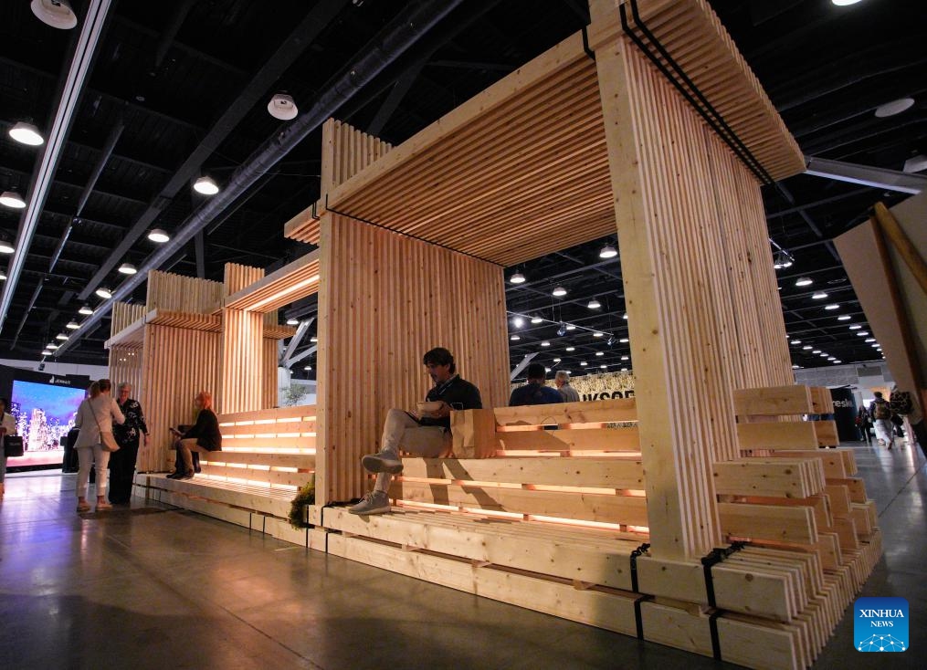 A set of wooden structure designs is on display during the Interior Design Show in Vancouver, British Columbia, Canada, Sept. 26, 2025. The annual show is held here from Sept. 25 to 28. (Photo: Xinhua)