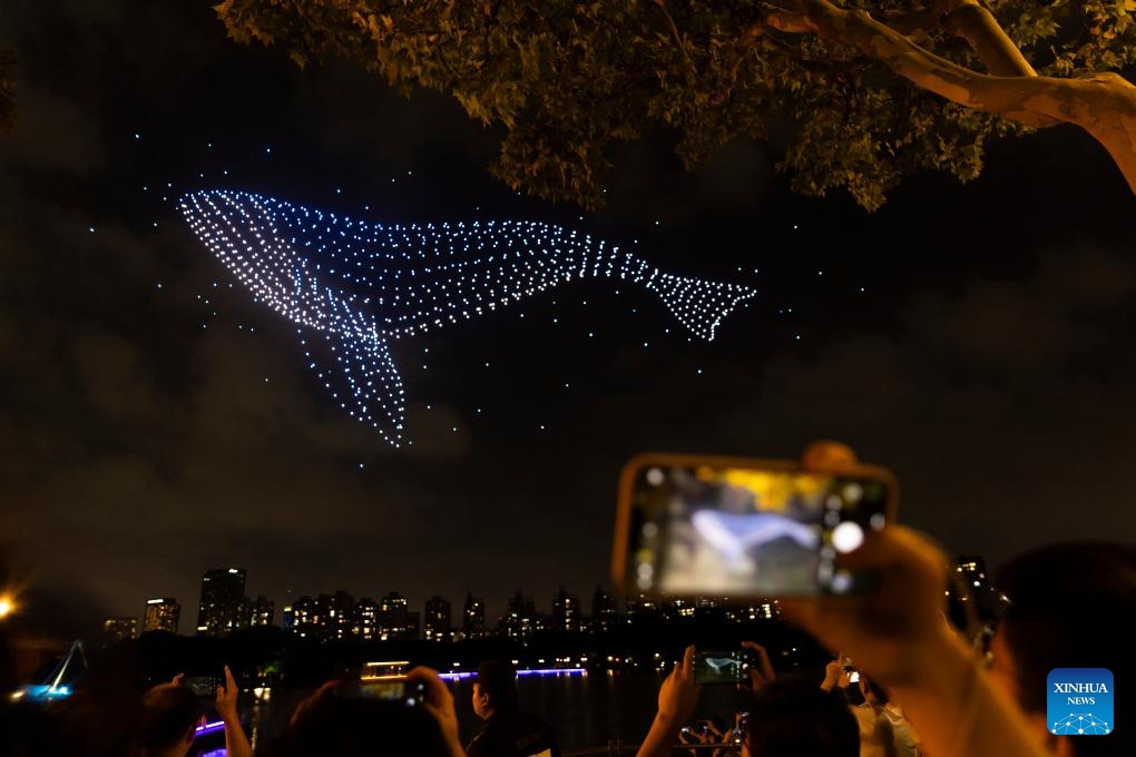 A drone light show is staged in celebration of the upcoming National Day in east China's Shanghai, Sept. 27, 2025. (Photo: Xinhua)