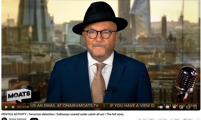 George Galloway responds to being detained and questioned at Gatwick airport in a broadcast on September 28, 2025. Photo: screenshot of Galloway's broadcast on Youtube