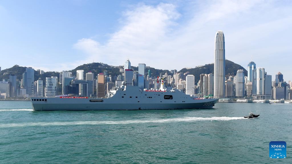 Chinese People's Liberation Army (PLA) Navy ship Yimengshan passes by Victoria Harbor in Hong Kong, south China, on Sept. 30, 2025.