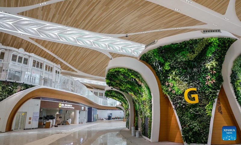 Roof sunshades in the shape of rice ears and check islands in the shape of kapok blossoms are pictured at the T3 Terminal of Guangzhou Baiyun International Airport in Guangzhou, south China's Guangdong Province, Sept. 29, 2025. Photo: Xinhua