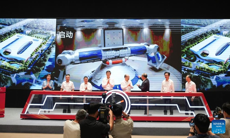 This photo taken on Sept. 29, 2025 shows a launching ceremony of the centrifuge coded CHIEF1300, one of the core components of the Centrifugal Hypergravity and Interdisciplinary Experiment Facility (CHIEF), in Hangzhou, east China's Zhejiang Province. Photo: Xinhua