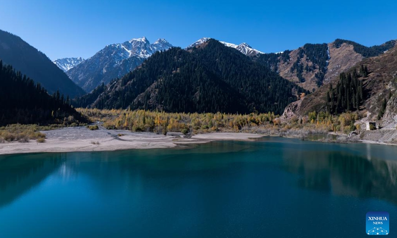 An aerial photo taken on Oct. 4, 2025 shows the autumn scenery of the Issyk gorge in Almaty Region, Kazakhstan. The Issyk gorge and Issyk lake, located in Almaty Region, Kazakhstan, are famous tourist destinations. The beautiful lake, majestic snow-capped mountains and gorge, and vibrant foliage collectively paint an idyllic autumn landscape here. (Xinhua/Li Renzi)