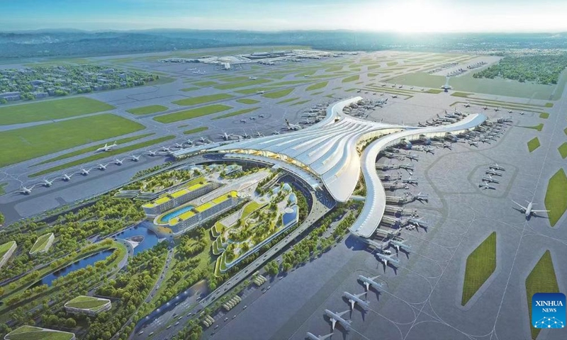 This rendering shows the T3 Terminal of Guangzhou Baiyun International Airport in Guangzhou, south China's Guangdong Province. Construction of the T3 Terminal of Guangzhou Baiyun International Airport have been largely completed recently. The terminal is expected to be put into use by the end of 2025. Photo: Xinhua