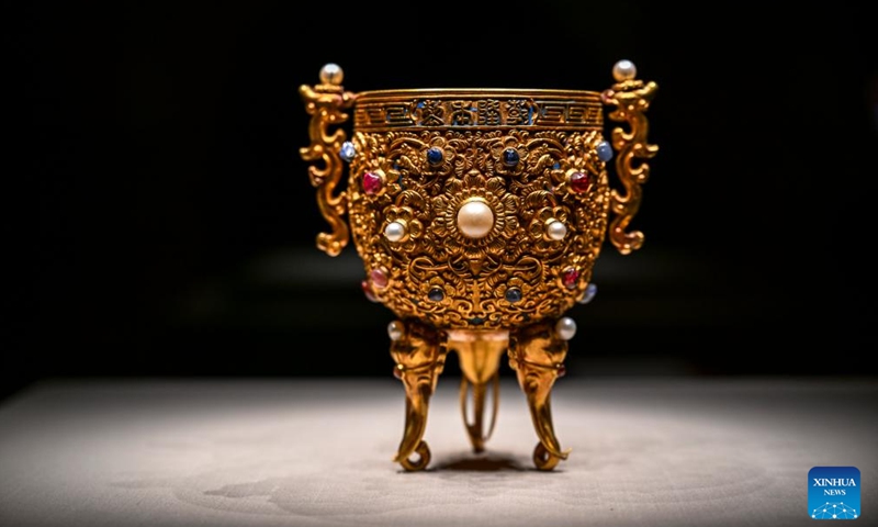 The Gold Chalice of Eternal Stability is exhibited at the Palace Museum in Beijing, capital of China, Sept. 29, 2025. Photo: Xinhua