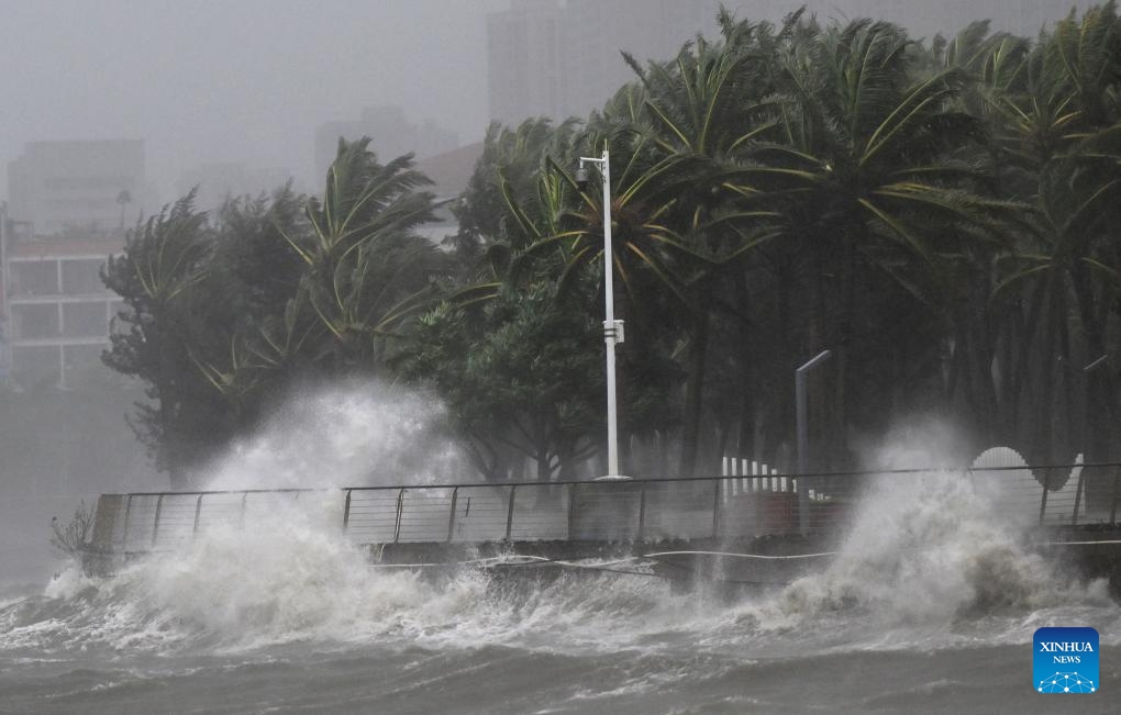 This photo taken on Oct. 5, 2025 shows high waves in a seashore area of Haikou, south China's Hainan Province. Typhoon Matmo, the 21st named storm of the 2025 Pacific typhoon season, is intensifying as it nears south China's coastal areas, leading to large-scale evacuations.