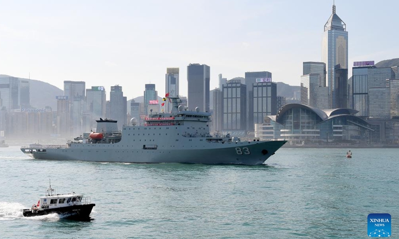 Chinese People's Liberation Army (PLA) Navy ship Qi Jiguang passes by Victoria Harbor in Hong Kong, south China, on Sept. 30, 2025.