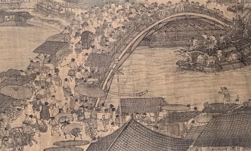 This photo taken with a mobile phone on Sept. 29, 2025 shows a part of the Northern Song Dynasty (960-1127 AD) painting Along the River During the Qingming Festival at the Palace Museum in Beijing, capital of China. Photo: Xinhua